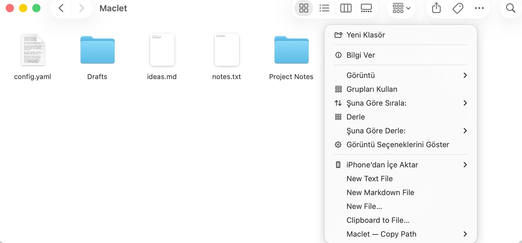 Finder’da sentetik demo dosyaları üzerinde New Text File, New Markdown File, New File, Clipboard to File ve Copy Path eylemlerini gösteren Maclet entegrasyonu.